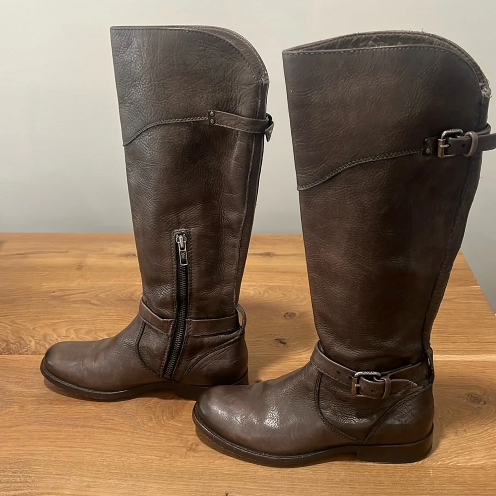 Frye Phillip Brown Leather Tall Western Riding Boots 3476847 Block Heel Size 6B